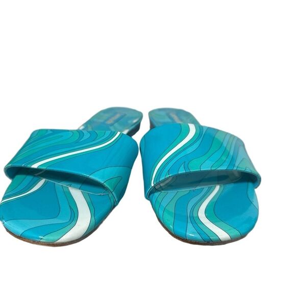 Larroude Ivy Flat Slide Mule Sandal 6.5 Wavy Print Patent Bright Turquoise Blue - Picture 3 of 7